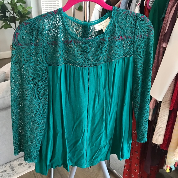 Jade Blouse with Lace Top and Gold Button Detail - Picture 1 of 3